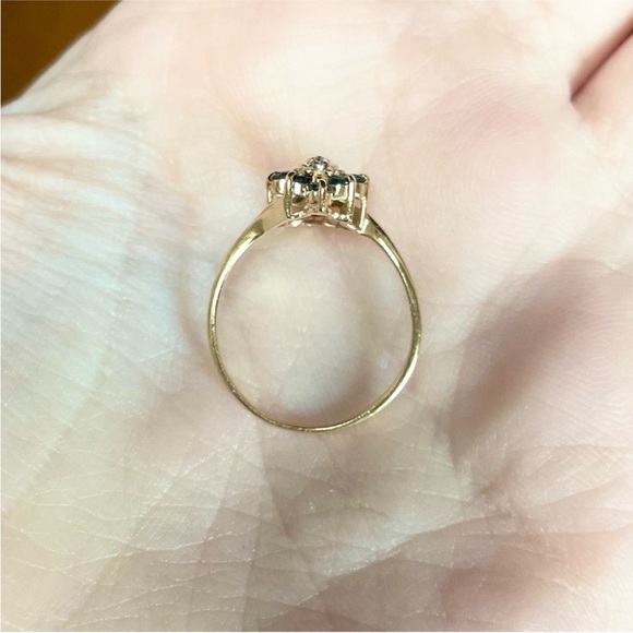 14K Natural Sapphire Diamond cluster pyramid dark blue yellow gold ring - Picture 10 of 10